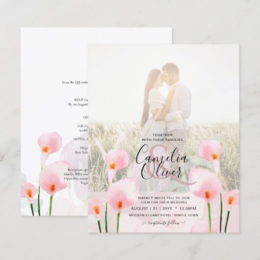 LeahG Roze Calla Lily PHOTO Overlay Wedding Invite (Voorkant / Achterkant)