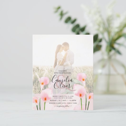 LeahG Roze Calla Lily PHOTO Overlay Wedding Invite (Staand voorkant)