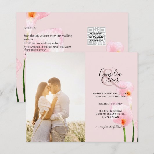 LeahG Roze Calla Lily PHOTO Overlay Wedding Invite (Voorkant / Achterkant)