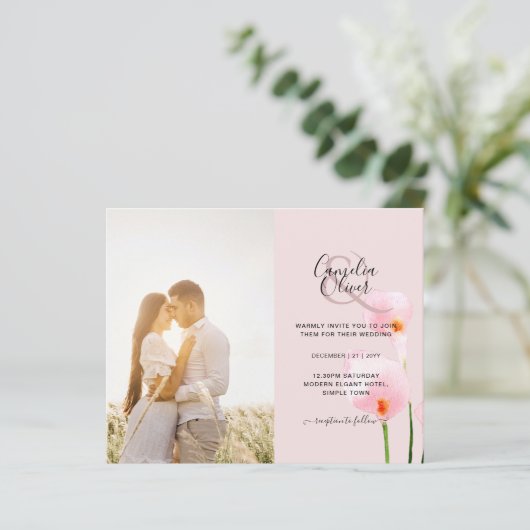 LeahG Roze Calla Lily PHOTO Overlay Wedding Invite (Staand voorkant)