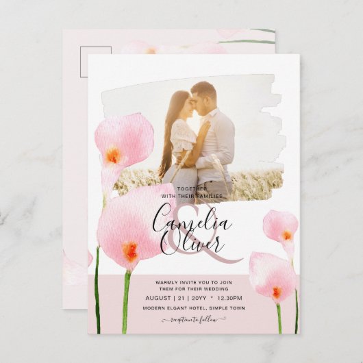 LeahG Roze Calla Lily PHOTO Overlay Wedding Invite Briefkaart (Voorkant / Achterkant)