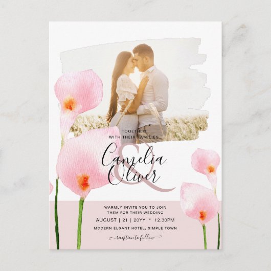 LeahG Roze Calla Lily PHOTO Overlay Wedding Invite Briefkaart (Voorkant)