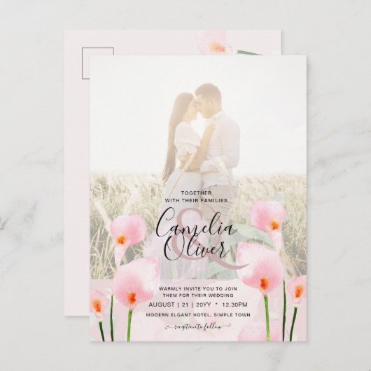 LeahG Roze Calla Lily PHOTO Overlay Wedding Invite Briefkaart (Voorkant / Achterkant)
