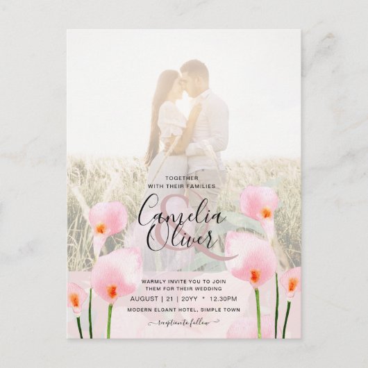 LeahG Roze Calla Lily PHOTO Overlay Wedding Invite Briefkaart (Voorkant)