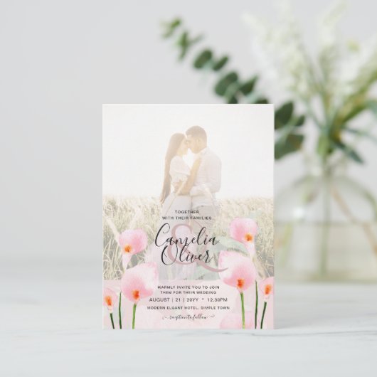 LeahG Roze Calla Lily PHOTO Overlay Wedding Invite Briefkaart (Staand voorkant)