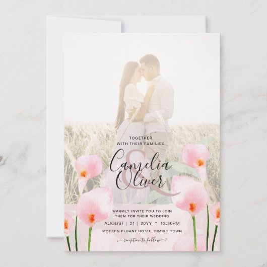 LeahG Roze Calla Lily PHOTO Overlay Wedding Invite Kaart (Voorkant)
