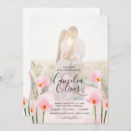 LeahG Roze Calla Lily PHOTO Overlay Wedding Invite Kaart (Voorkant / Achterkant)
