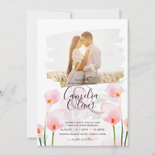 LeahG Roze Calla Lily PHOTO Overlay Wedding Invite Kaart (Voorkant)