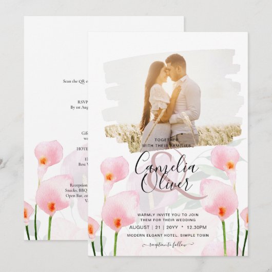 LeahG Roze Calla Lily PHOTO Overlay Wedding Invite Kaart (Voorkant / Achterkant)