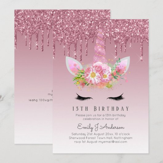 LeahG roze glitter eenhoorn meisjes verjaardag uit Kaart (Voorkant / Achterkant)