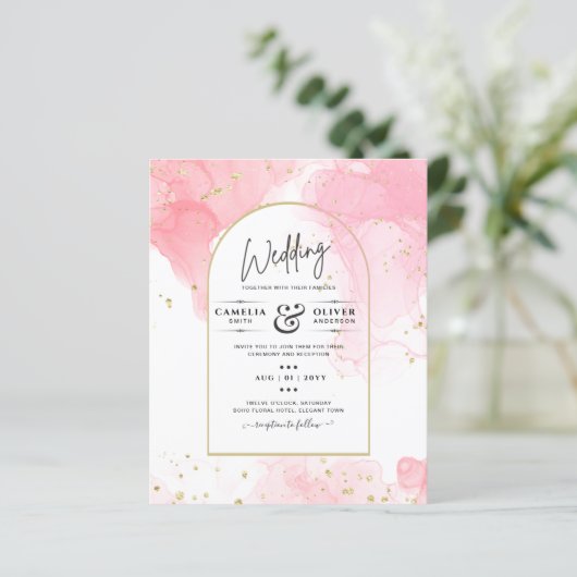 LeahG ROZE GOUDEN INKT Abstracte Huwelijks UITNODI (Staand voorkant)