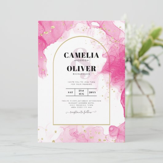 LeahG ROZE GOUDEN INKT Abstracte Huwelijks UITNODI Kaart (Staand voorkant)
