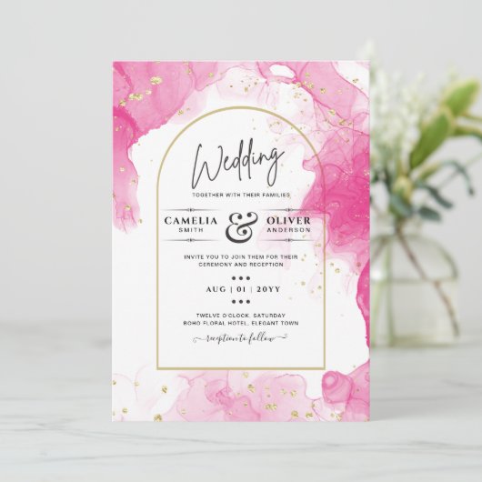 LeahG ROZE GOUDEN INKT Abstracte Huwelijks UITNODI Kaart (Staand voorkant)