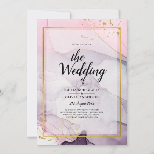 LeahG Roze Paars Lavendel Goud INK Trouw UITNODIGI Kaart (Voorkant)