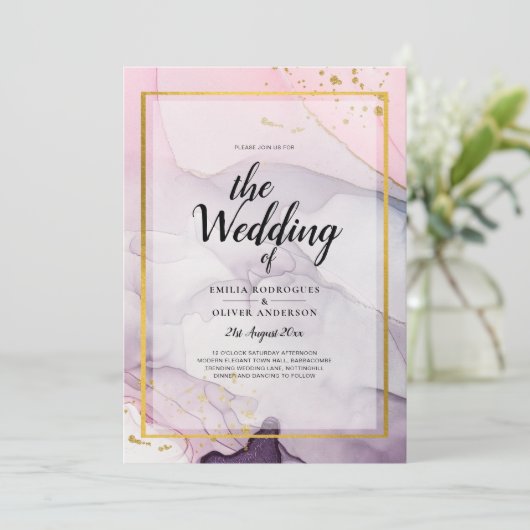 LeahG Roze Paars Lavendel Goud INK Trouw UITNODIGI Kaart (Staand voorkant)