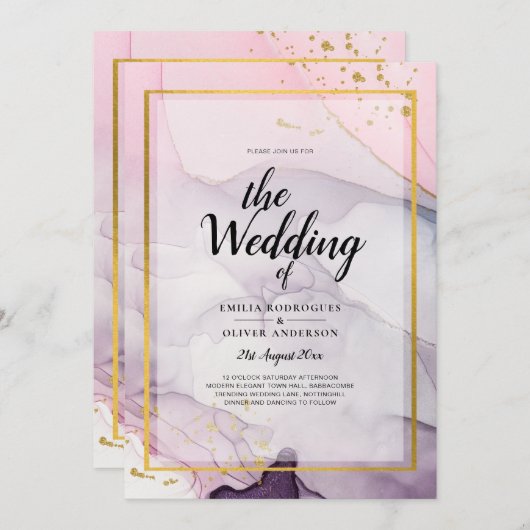 LeahG Roze Paars Lavendel Goud INK Trouw UITNODIGI Kaart (Voorkant / Achterkant)