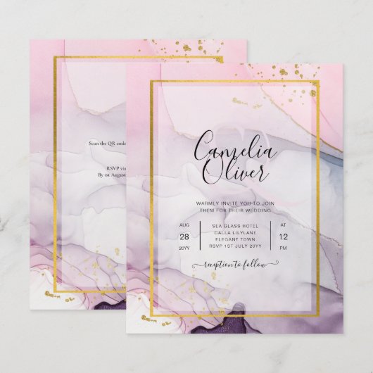 LeahG Roze Paarse Lavender Gold INK Wedding INVITE (Voorkant / Achterkant)