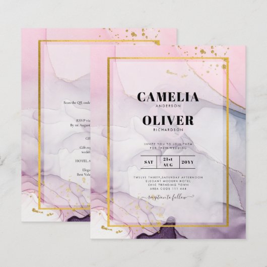 LeahG Roze Paarse Lavender Gold INK Wedding INVITE (Voorkant / Achterkant)