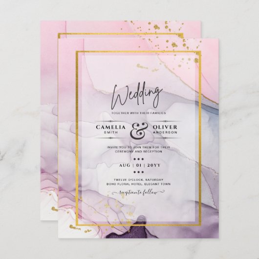 LeahG Roze Paarse Lavender Gold INK Wedding INVITE (Voorkant / Achterkant)