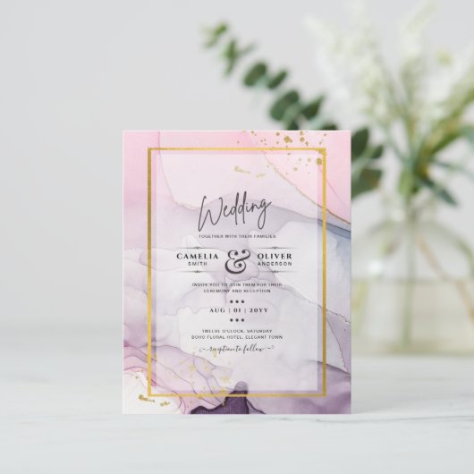 LeahG Roze Paarse Lavender Gold INK Wedding INVITE (Staand voorkant)