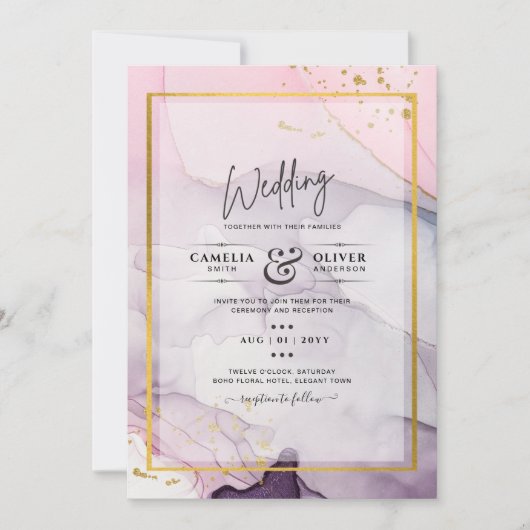 LeahG Roze Paarse Lavender Gold INK Wedding INVITE Kaart (Voorkant)