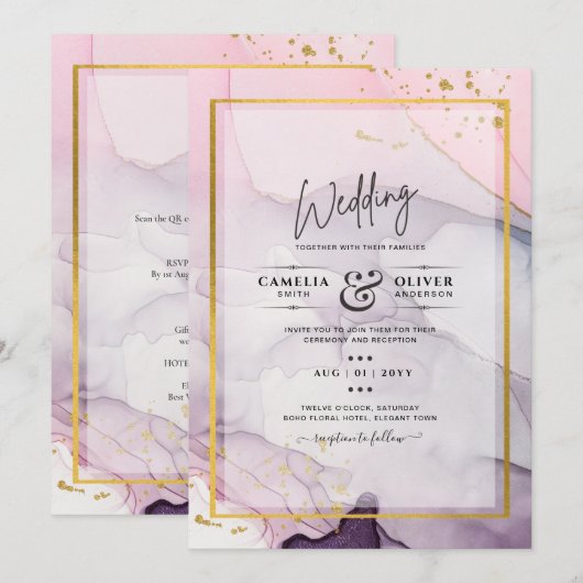 LeahG Roze Paarse Lavender Gold INK Wedding INVITE Kaart (Voorkant / Achterkant)