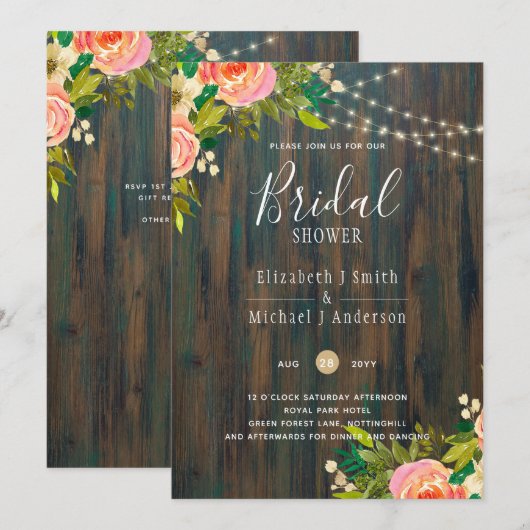 LeahG Rustic Hout Perzik Koraal Bloem Bruiloft Kaart (Voorkant / Achterkant)
