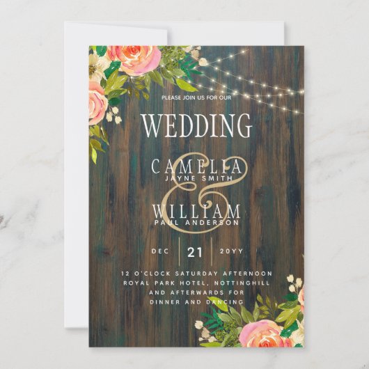 LeahG Rustic Hout Perzik Koraal Bloemige Trouwdag Kaart (Voorkant)