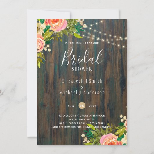 LeahG Rustic Hout Perzik Koraal Bloemige Trouwdag Kaart (Voorkant)