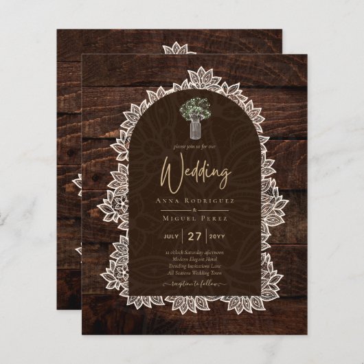 LeahG Rustic Lace Gypsophila Wood Wedding INVITE (Voorkant / Achterkant)