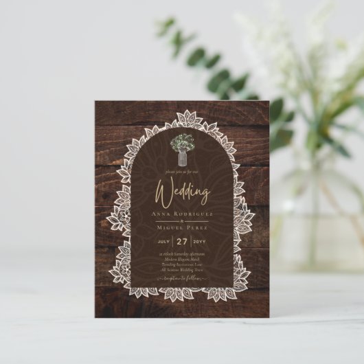 LeahG Rustic Lace Gypsophila Wood Wedding INVITE (Staand voorkant)