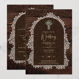 LeahG Rustic Lace Gypsophila Wood Wedding INVITE Kaart