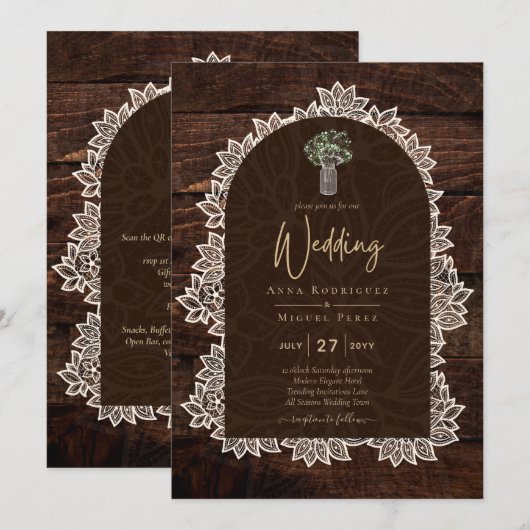 LeahG Rustic Lace Gypsophila Wood Wedding INVITE Kaart (Voorkant / Achterkant)