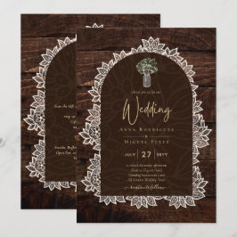 LeahG Rustic Lace Gypsophila Wood Wedding INVITE Kaart