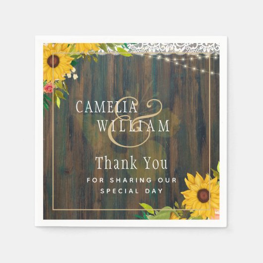 LeahG Rustic Sunflower Lace Lights Wood Wedding Servet (Voorkant)