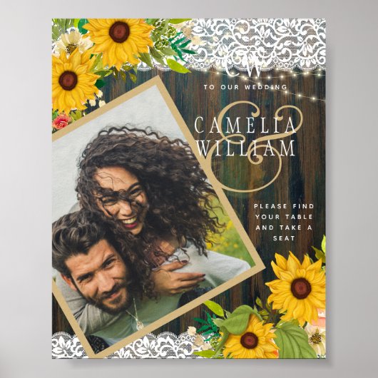 LeahG Rustic Sunflower Lace PHOTO Wedding WELCOME Poster (Voorkant)