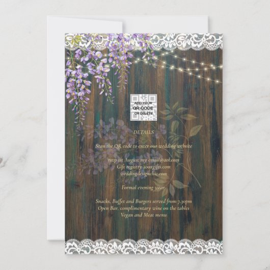 LeahG Rustic WISTERIA Kant Bloemrijke Trouw UITNOD Kaart (Achterkant)
