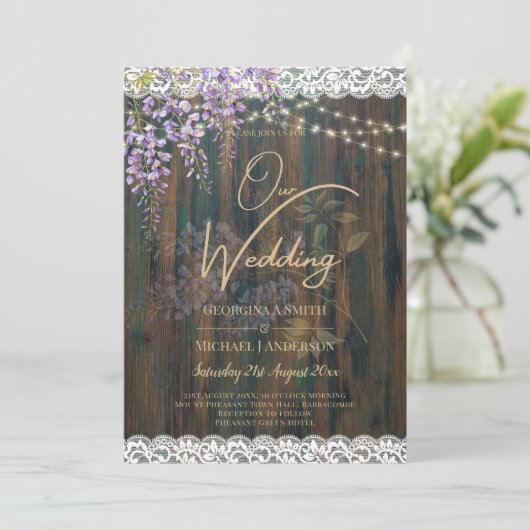 LeahG Rustic WISTERIA Kanten Bloemen Bruiloft UITN Kaart (Staand voorkant)