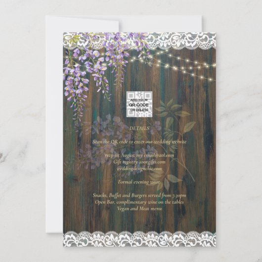 LeahG Rustic WISTERIA Kanten Bloemen Bruiloft UITN Kaart (Achterkant)