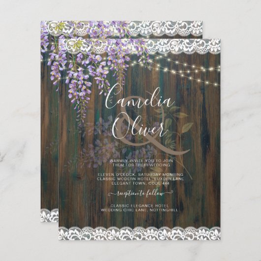 LeahG Rustic WISTERIA Lace Floral Wedding INVITE (Voorkant / Achterkant)