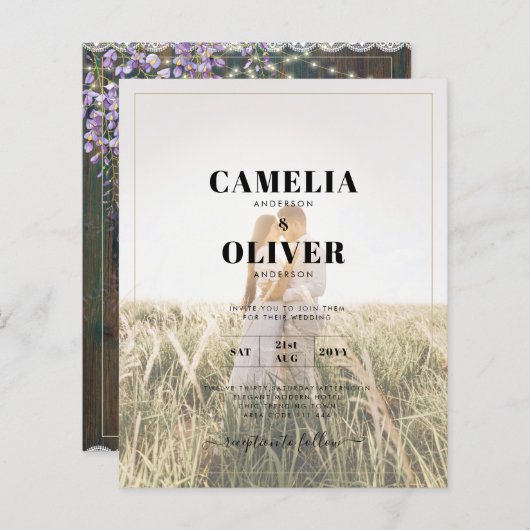 LeahG Rustic WISTERIA Lace Floral Wedding INVITE (Voorkant / Achterkant)