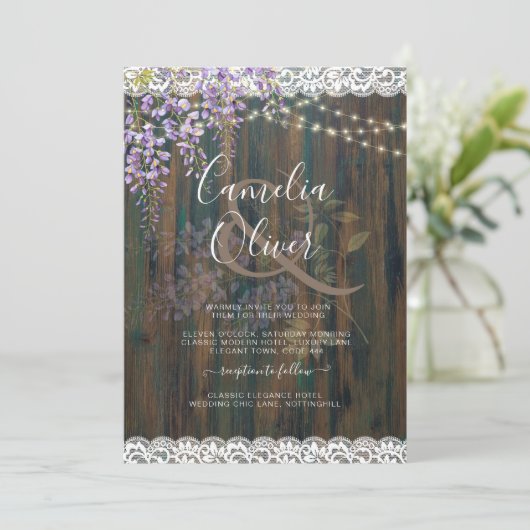 LeahG Rustic WISTERIA Lace Floral Wedding INVITE Kaart (Staand voorkant)