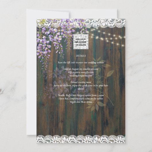 LeahG Rustic WISTERIA Lace Floral Wedding INVITE Kaart (Achterkant)