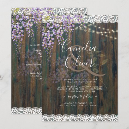 LeahG Rustic WISTERIA Lace Floral Wedding INVITE Kaart (Voorkant / Achterkant)