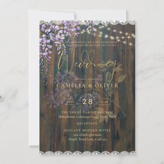 LeahG Rustic WISTERIA Lace Floral Wedding INVITE Kaart (Voorkant)