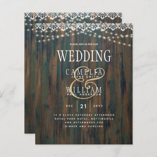 LeahG Rustic Wood Lace Lights Wedding Invite (Voorkant / Achterkant)
