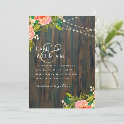 LeahG Rustic Wood Peach Koral Wedding Kaart (Staand voorkant)
