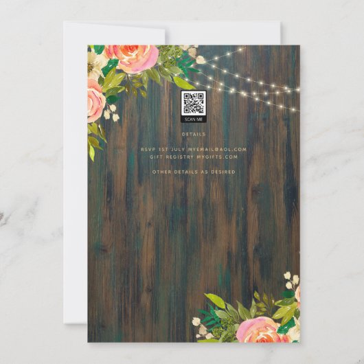 LeahG Rustic Wood Peach Koral Wedding Kaart (Achterkant)