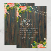 LeahG Rustic Wood Peach Koral Wedding Kaart (Voorkant / Achterkant)