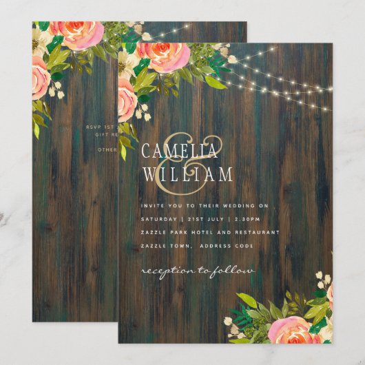 LeahG Rustic Wood Peach Koral Wedding Kaart (Voorkant / Achterkant)